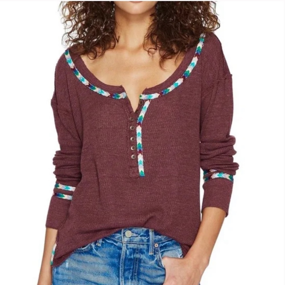 We the Free Burgundy Rainbow Thermal Long Sleeve Top Size Medium